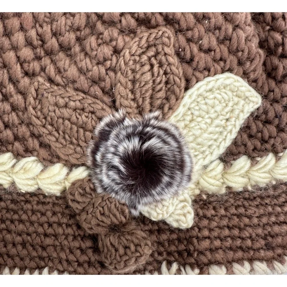 Women's Crochet Cloche Fleece Lined Winter Hat Faux Fur Flower Accent Brown Knit